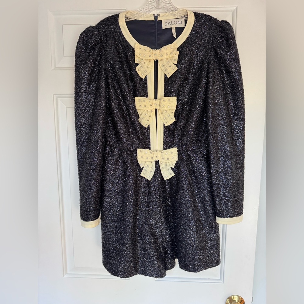 Saloni Camille Crystal Bows Romper Midnight Tinsel Sequin